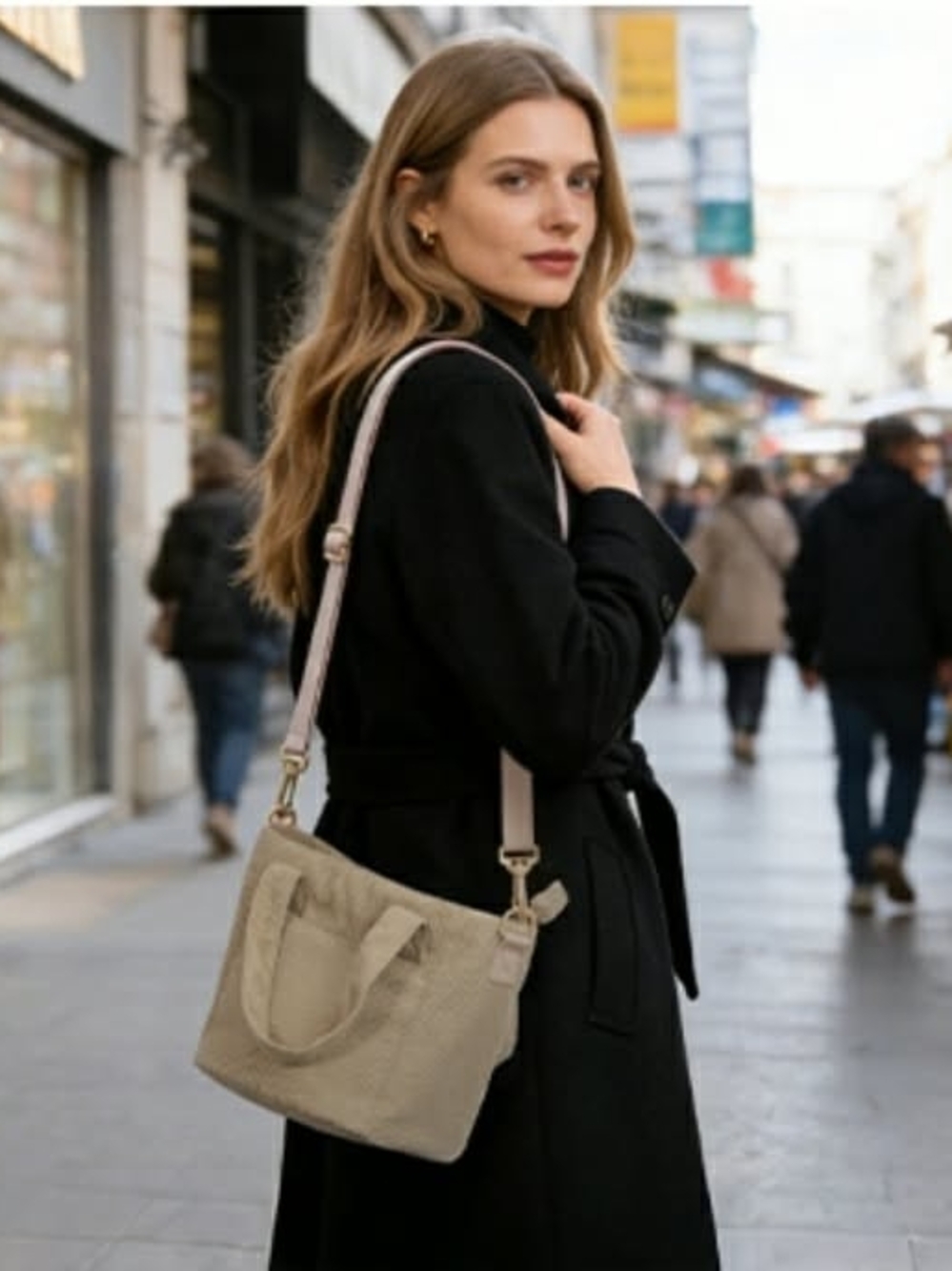 Mini Black Corduroy Shoulder Tote Bag with Removable Strap NWT - Picture 13 of 16